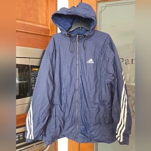 Adidas Raincoat Jacket Men’s Blue 3 Stripe Hood Coat full zip up